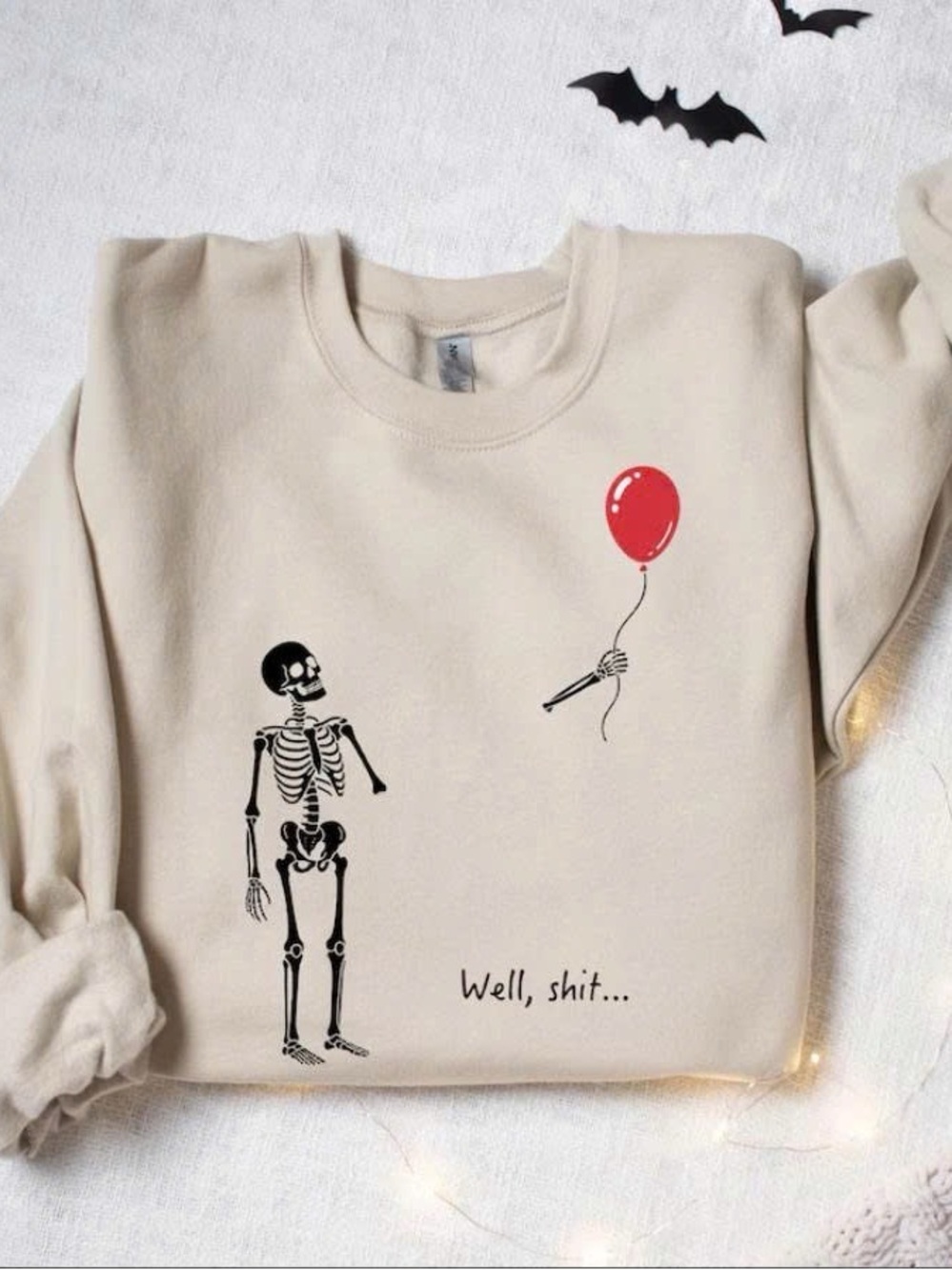 Gildan Sand Funny Skeleton and Red Balloon Graphic Sweatshirt, Vintage Style